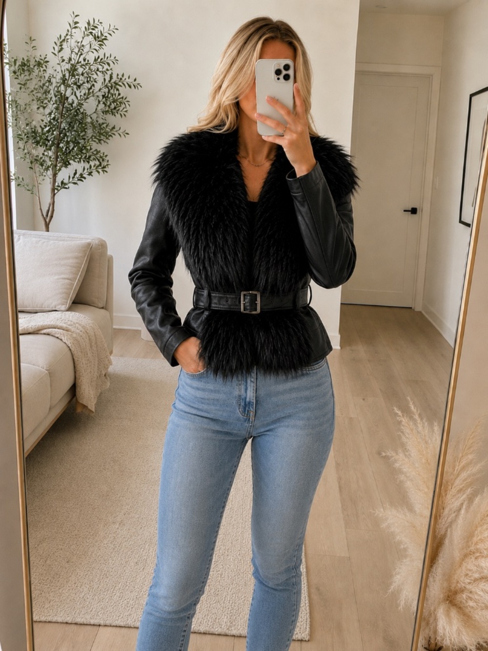 NWT Black Belted Faux Leather Jacket Fur Collar XL